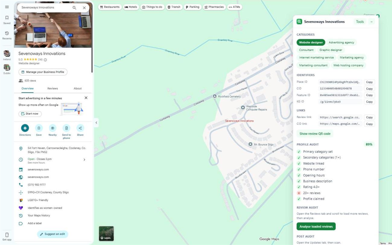 Lens panel on Google Maps showing a listing's categories, IDs and profile audit